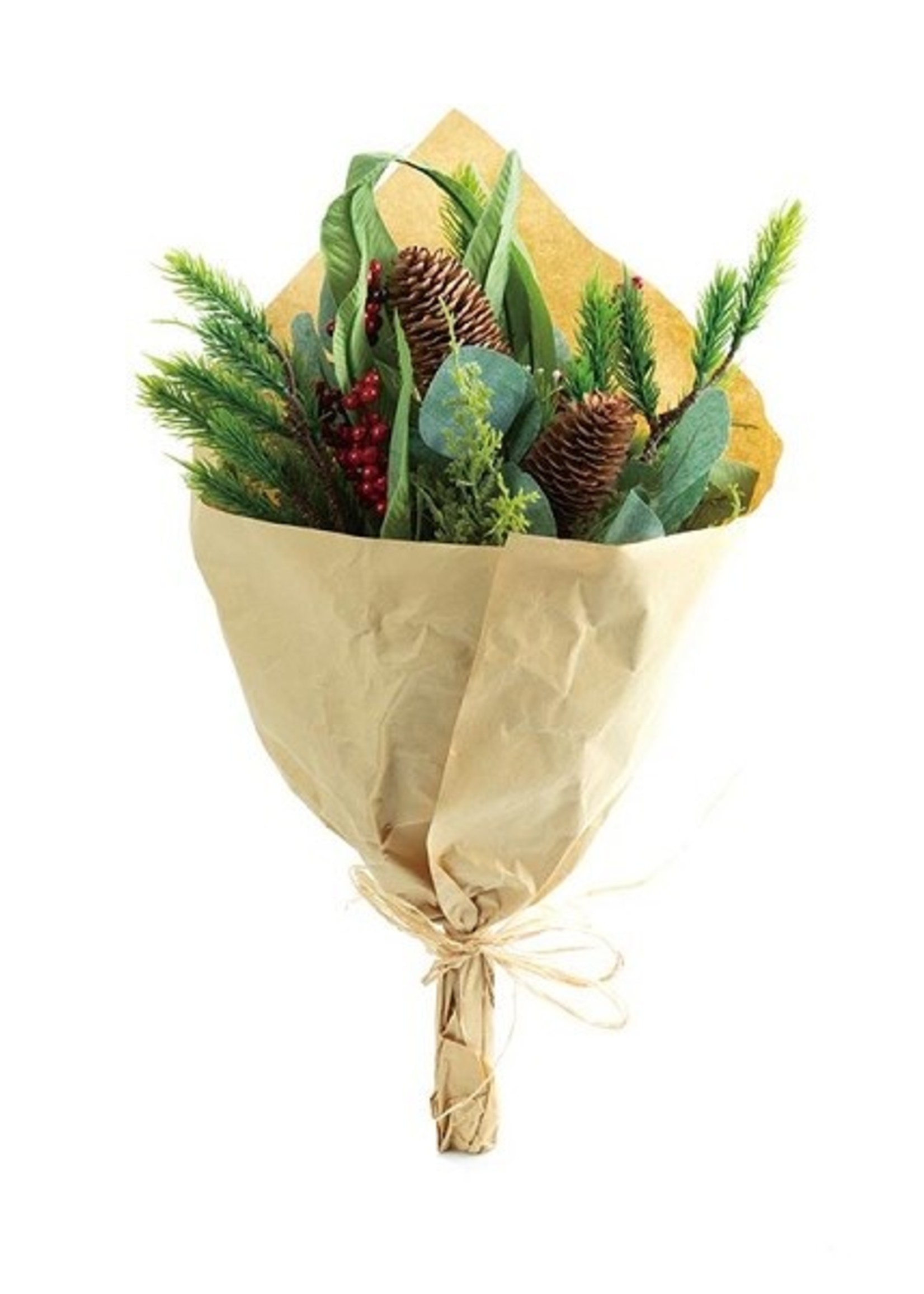 Boeket kunst bloemen in multikleur 26x25x46cm met denneappels en kersttakjes in papieren verpakking