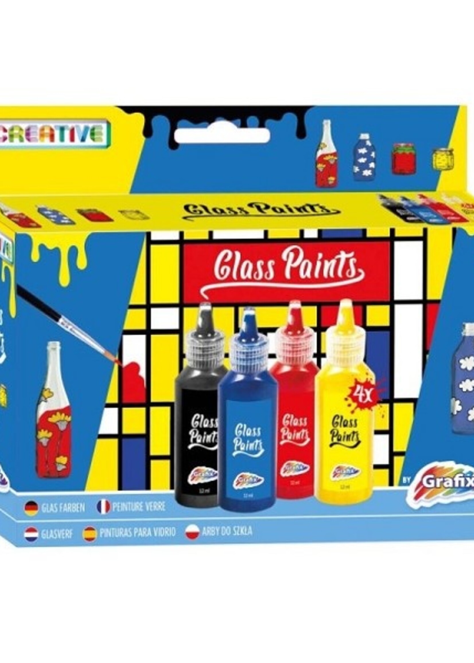 Grafix Glasverf, 4 Kleuren: zwart, blauw, rood en geel.