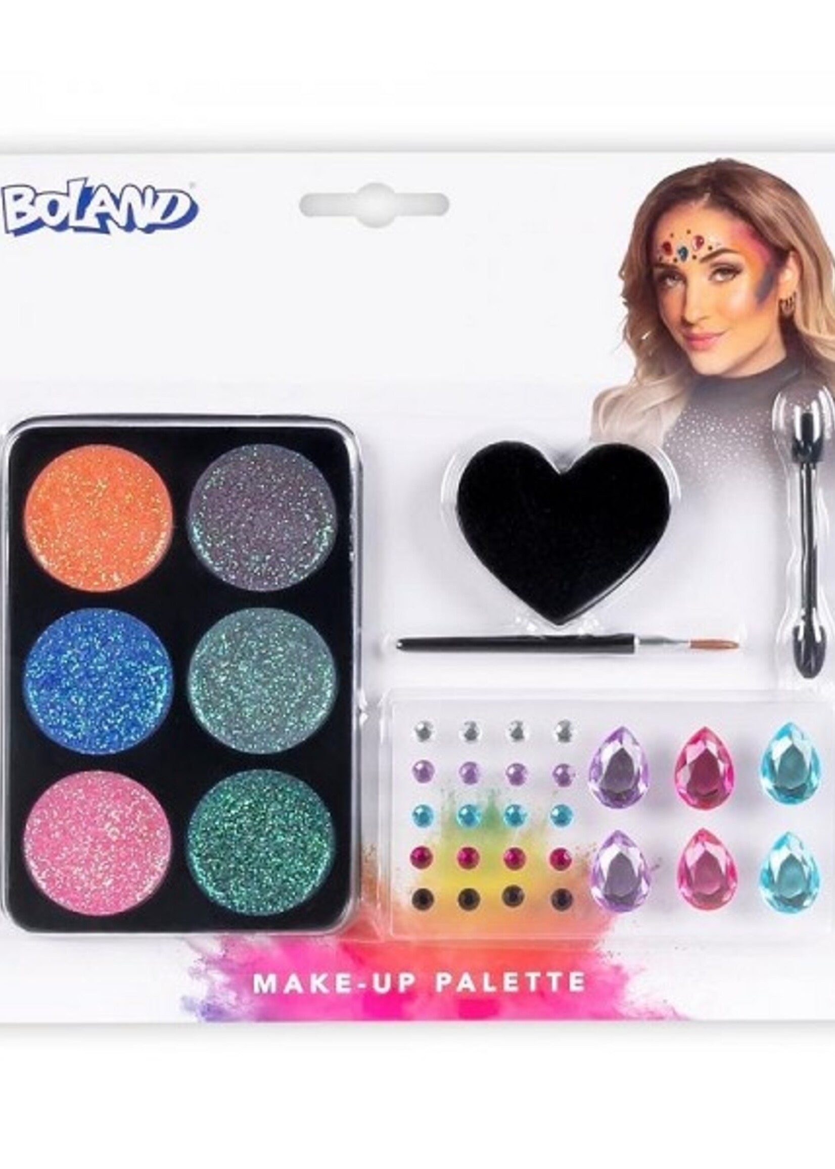 Make-up set Glamour met 26 sticker edelstenen, glittersmink, spons, pensel en applicator
