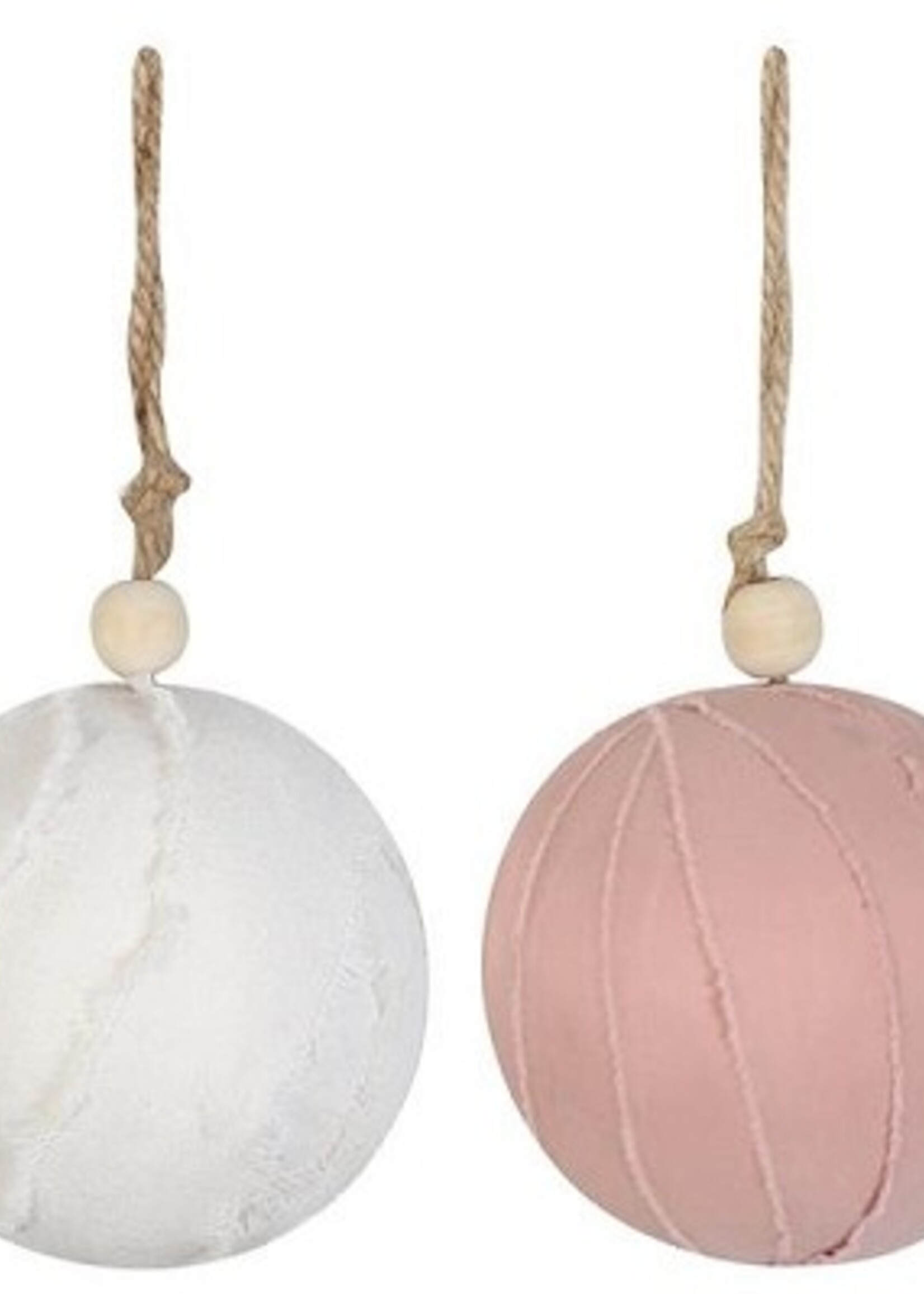 Hang ornament texiel met touw Ø9x9cm 2assorti kleuren rose of wit