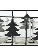 Theelichthouder kerstbomen metaal met 3 transparant theelichthouders 25,5x8,5x11cm