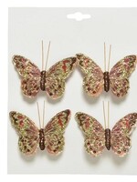 Decoris kerstdecoratie Vlinder stof op clip roze set a 4 stuks 9x6cm