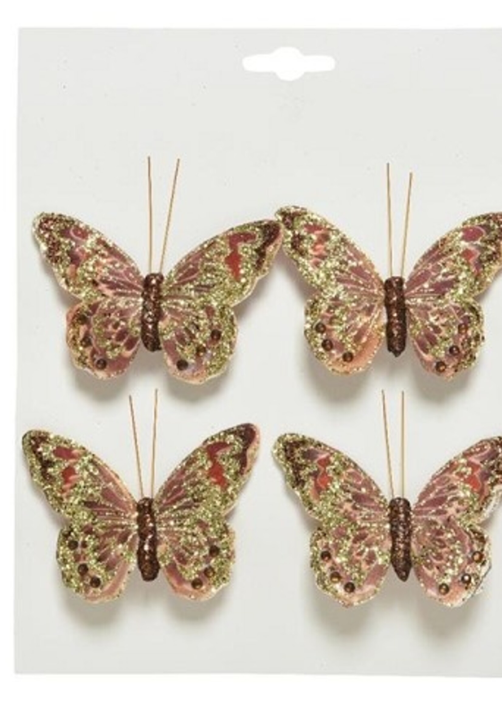 Decoris kerstdecoratie Vlinder stof op clip roze set a 4 stuks 9x6cm
