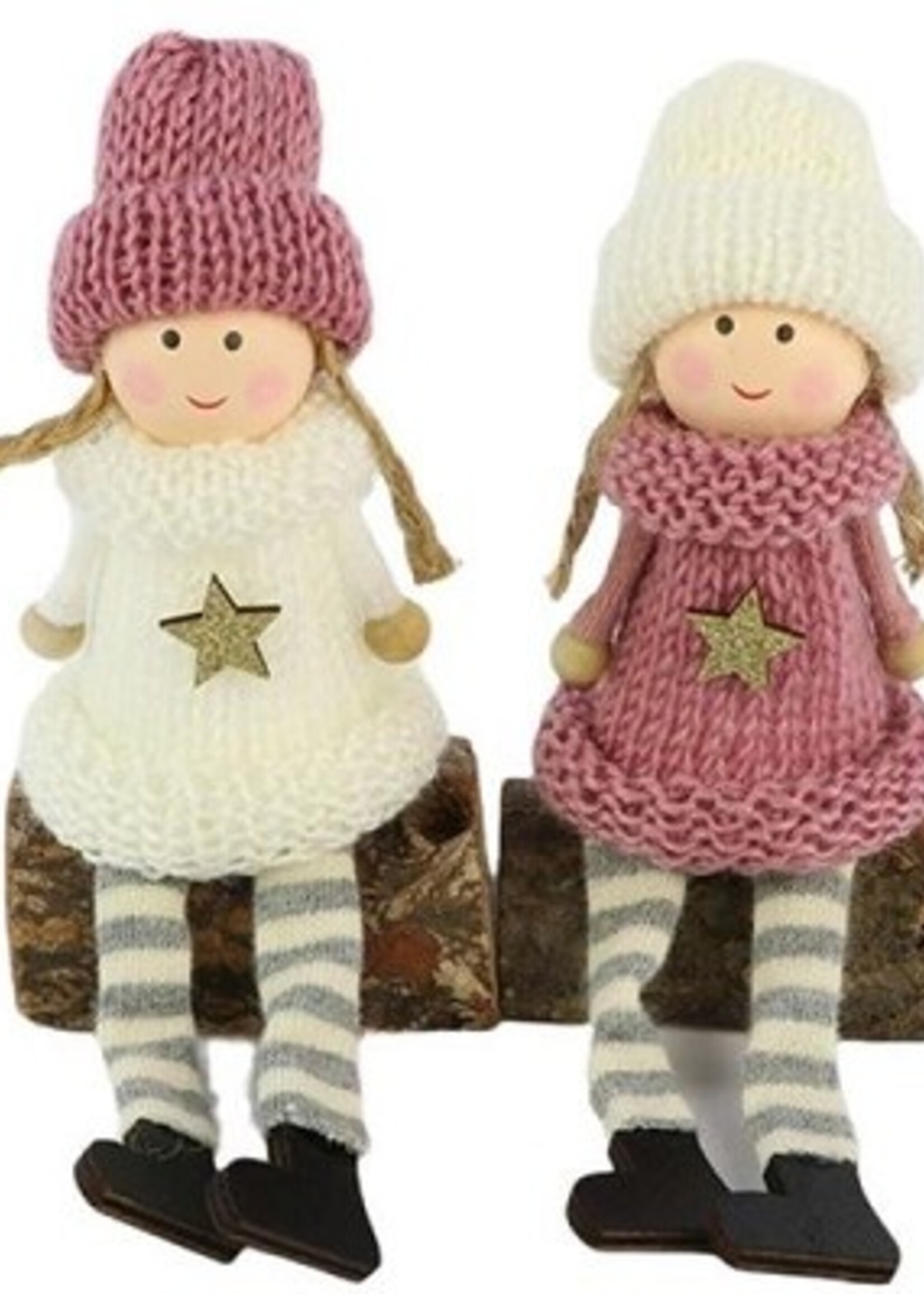 Kind met bungelbenen 7x4x13cm 2 assorti kleuren roze of wit