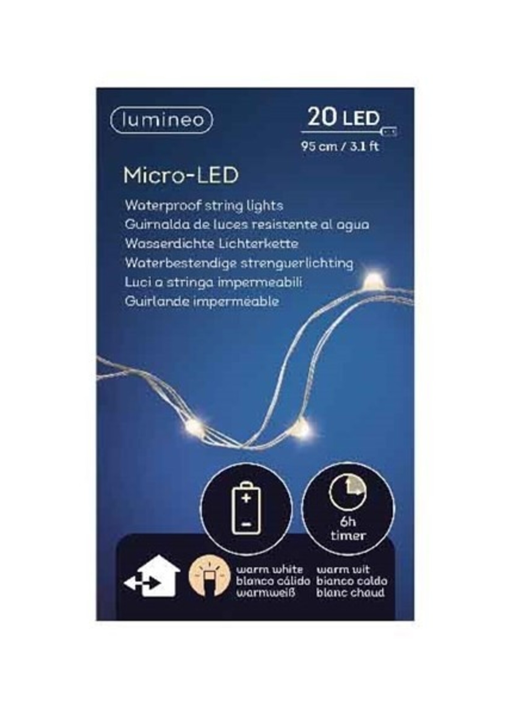 Lumineo micro LED strengverlichting waterproof zilver/warm wit 95cm-20L op batterij