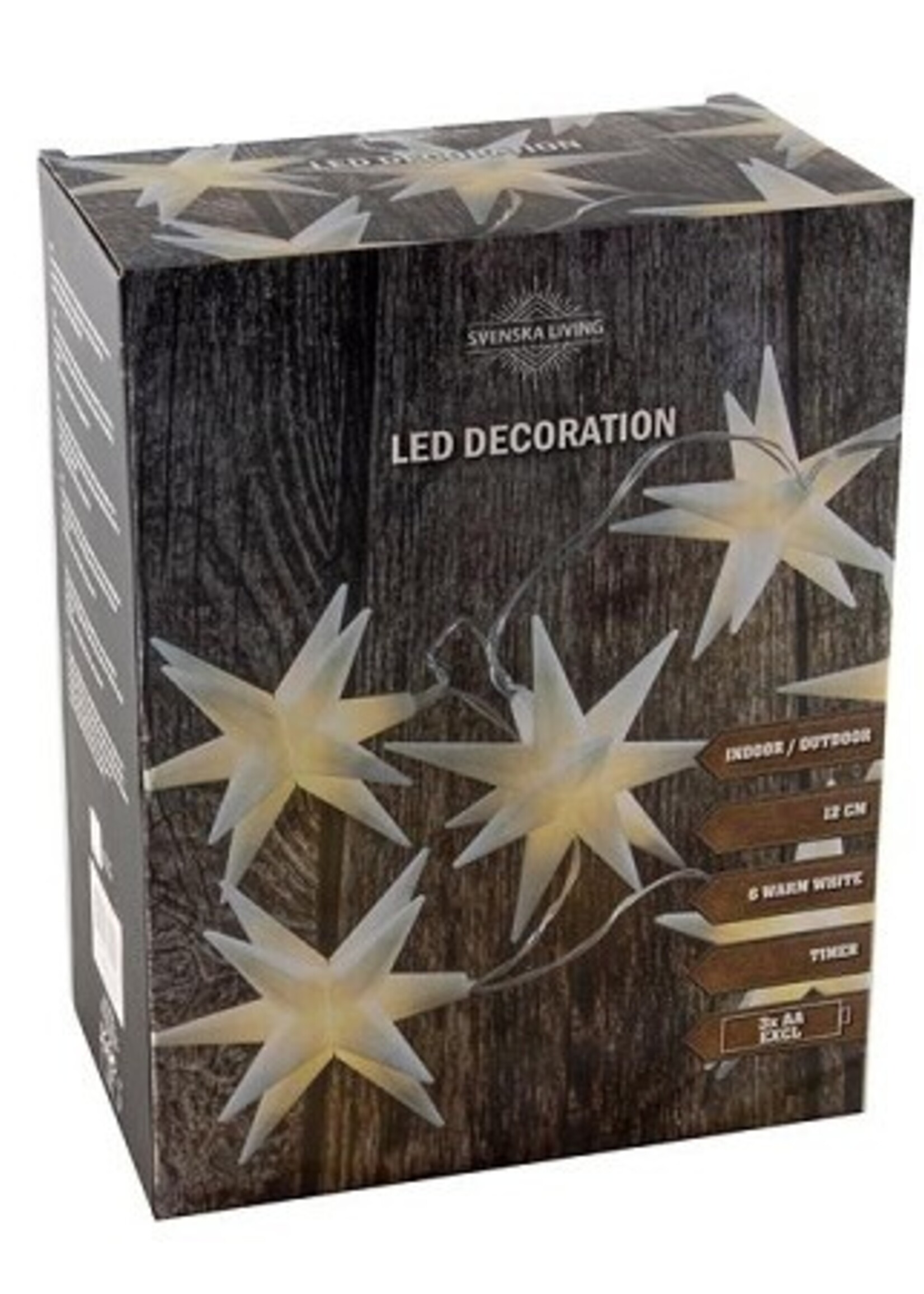 string verlichiting ster wit van kunststof 12cm met 6 LED lampen warm wit en timer werkt op 3xAA(excl)