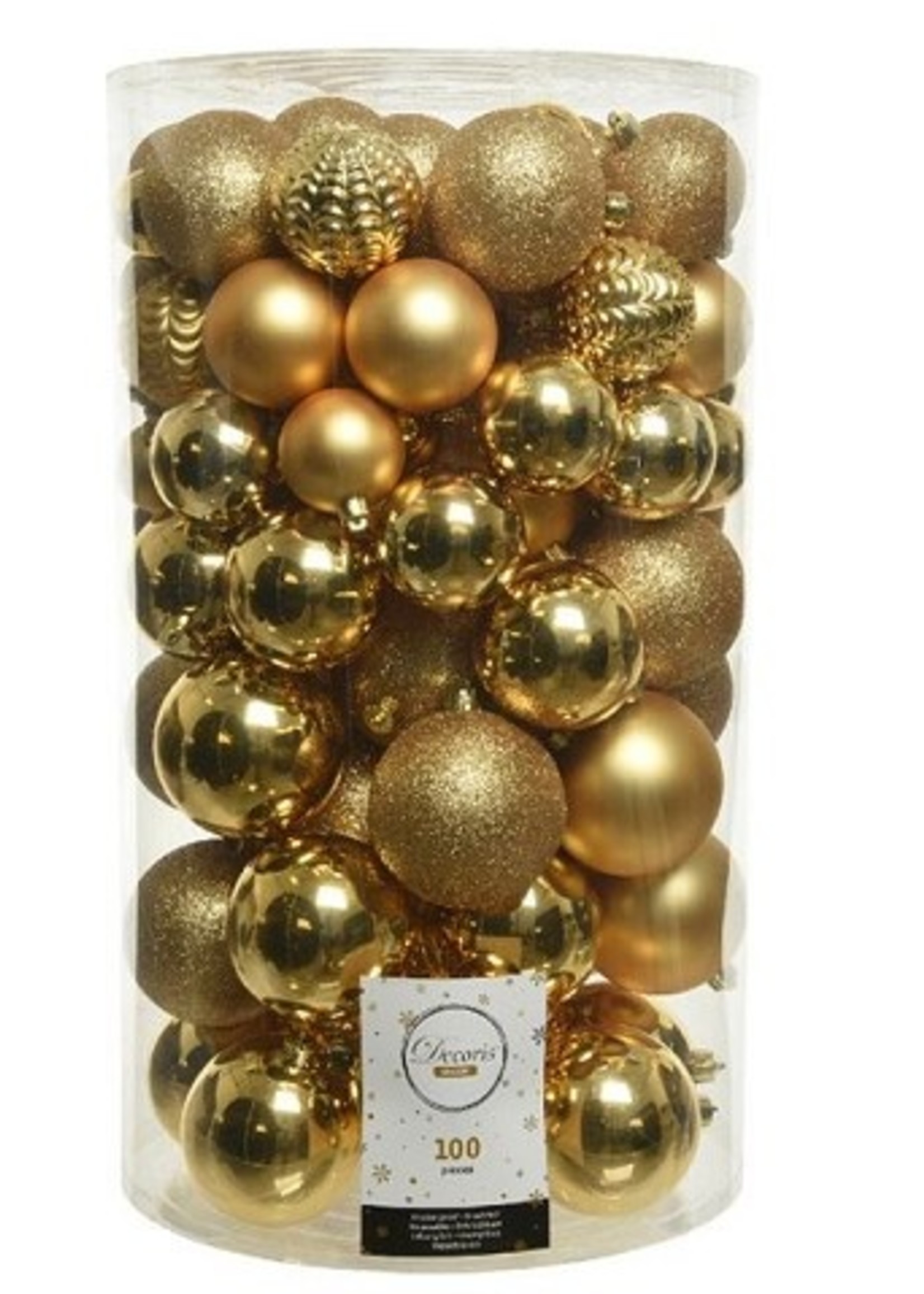 Decoris Onbreekbare Kerstballenmix van kunststof, koker van 100 stuks, Lichtgoud