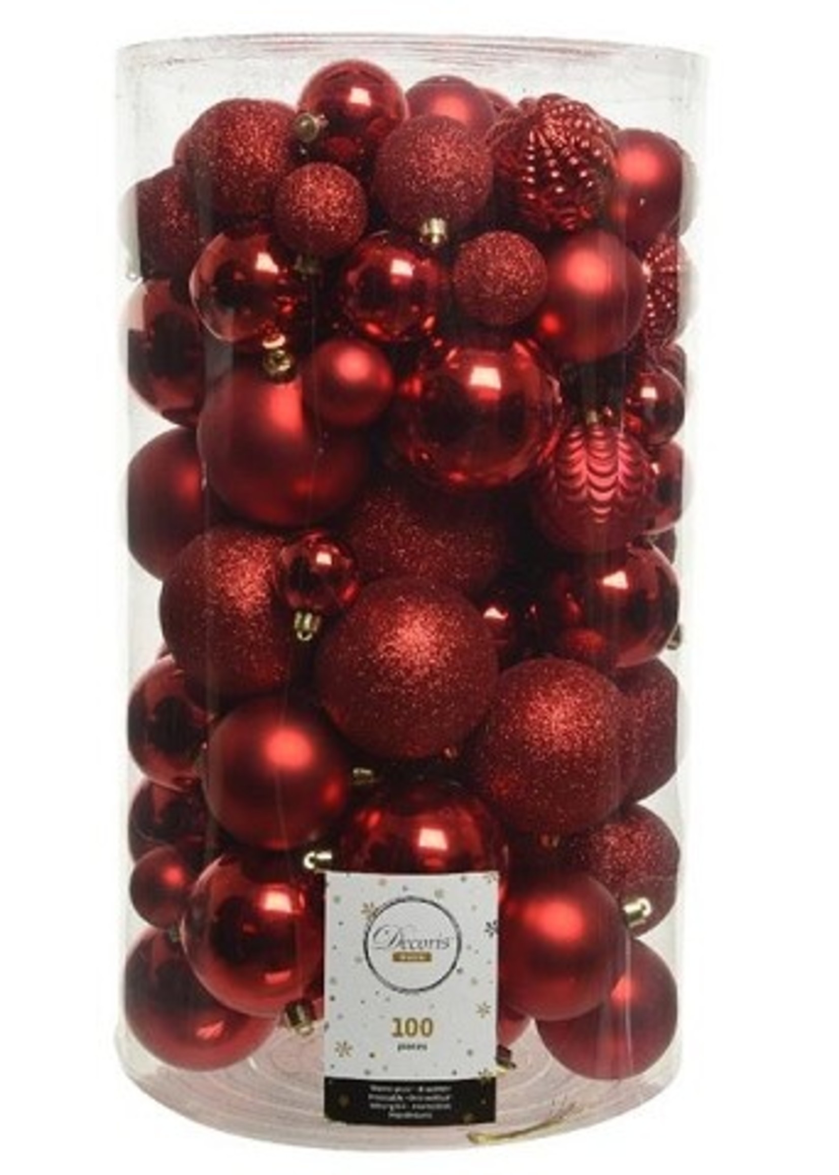 Decoris Onbreekbare Kerstballenmix van kunststof, koker van 100 stuks, Kerstrood