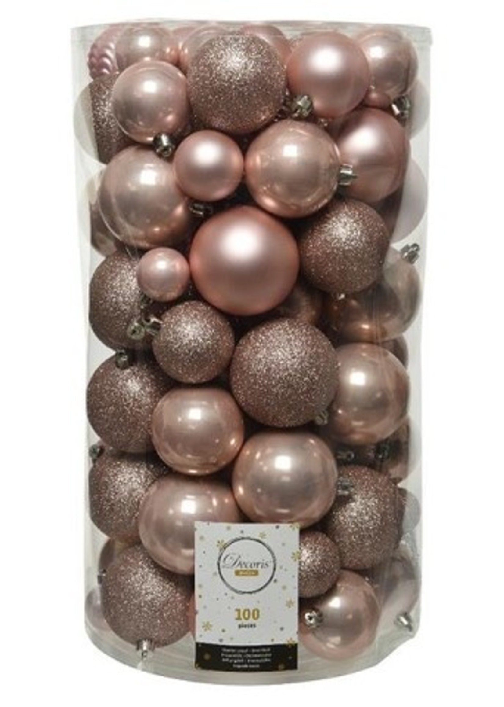 Decoris Onbreekbare Kerstballenmix van kunststof, koker van 100 stuks, Poederroze