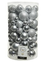 Decoris Onbreekbare Kerstballenmix van kunststof, koker van 100 stuks, Zilver