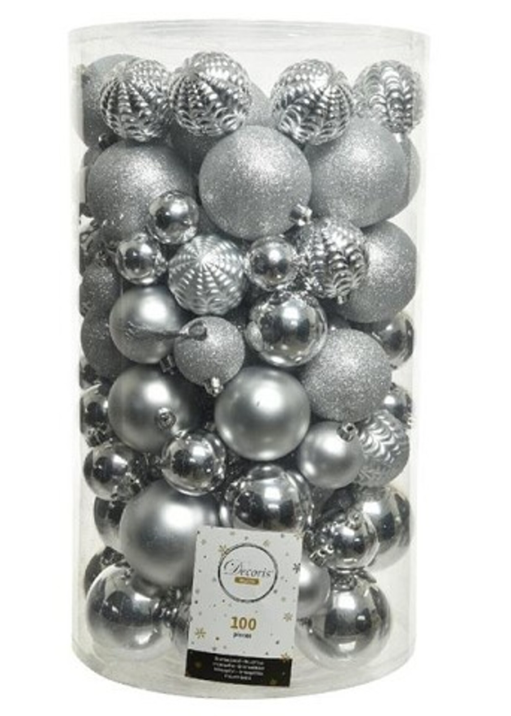 Decoris Onbreekbare Kerstballenmix van kunststof, koker van 100 stuks, Zilver