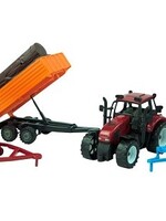 Tractor set frictie met ploeg, stammen- en balenaanhangers 37cm. Rood of groen. In Vensterdoos