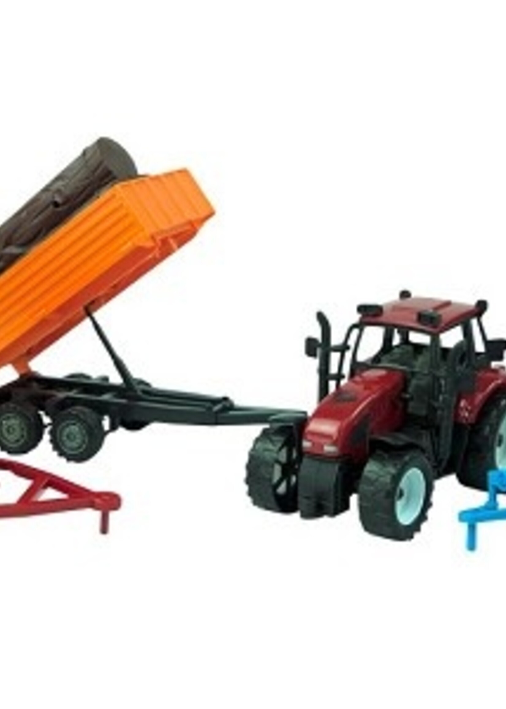 Tractor set frictie met ploeg, stammen- en balenaanhangers 37cm. Rood of groen. In Vensterdoos