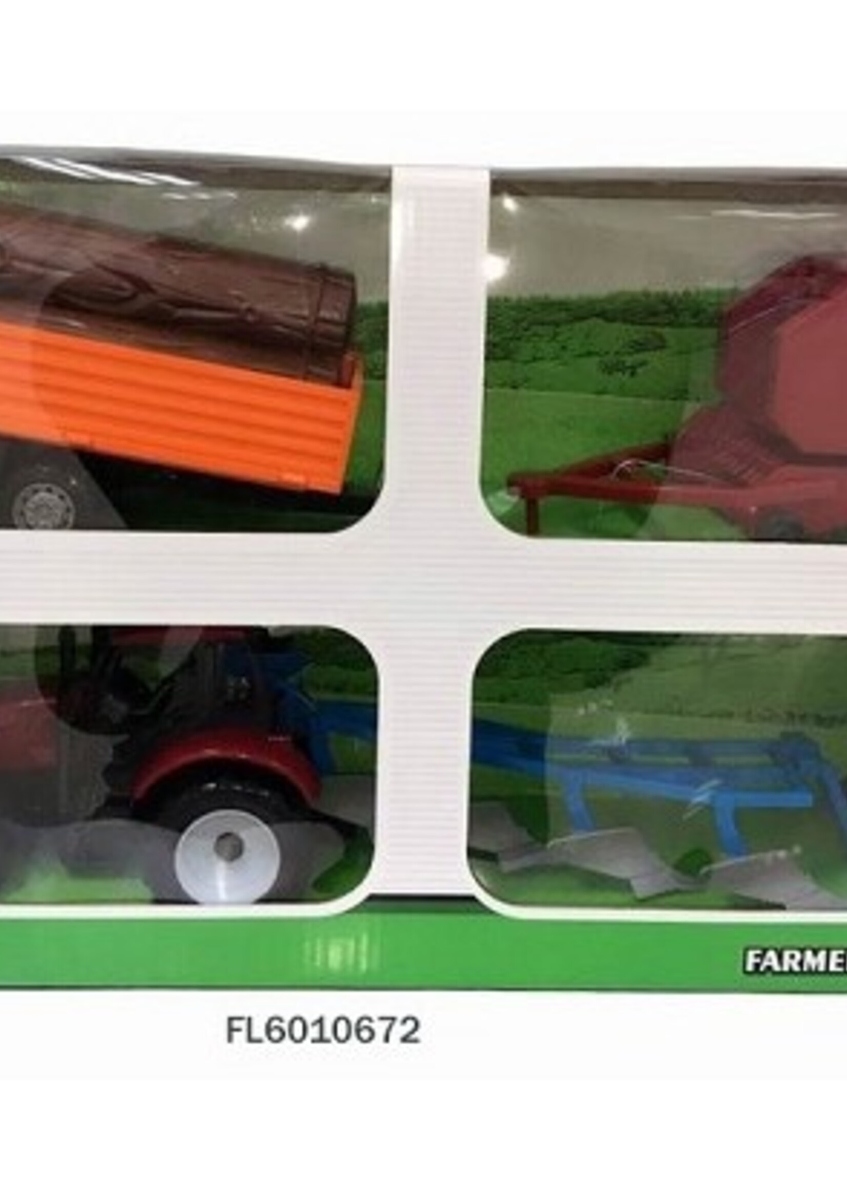 Tractor set frictie met ploeg, stammen- en balenaanhangers 37cm. Rood of groen. In Vensterdoos
