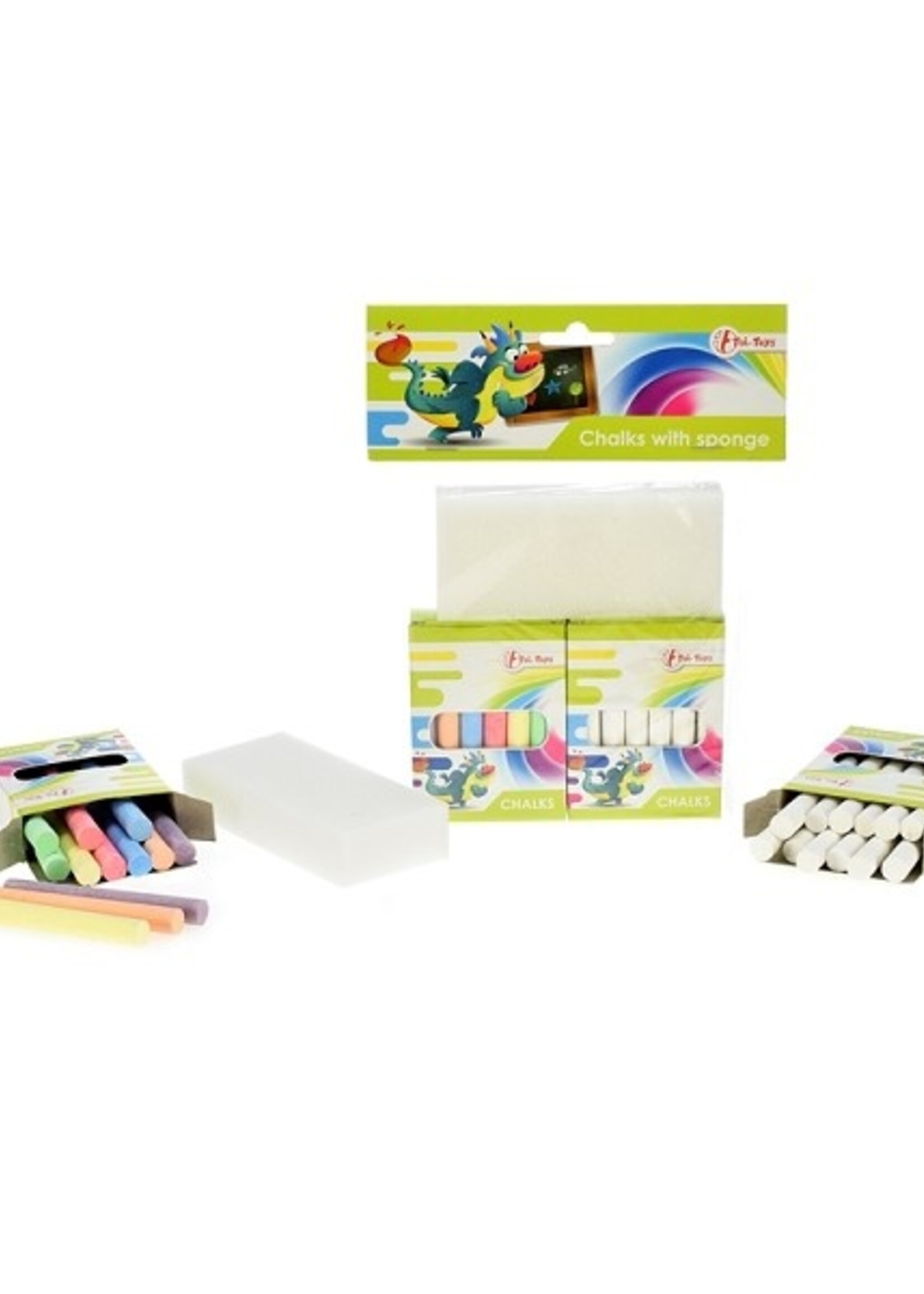 Toi Toys Schoolbordkrijtset 12x wit + 12x kleur met spons