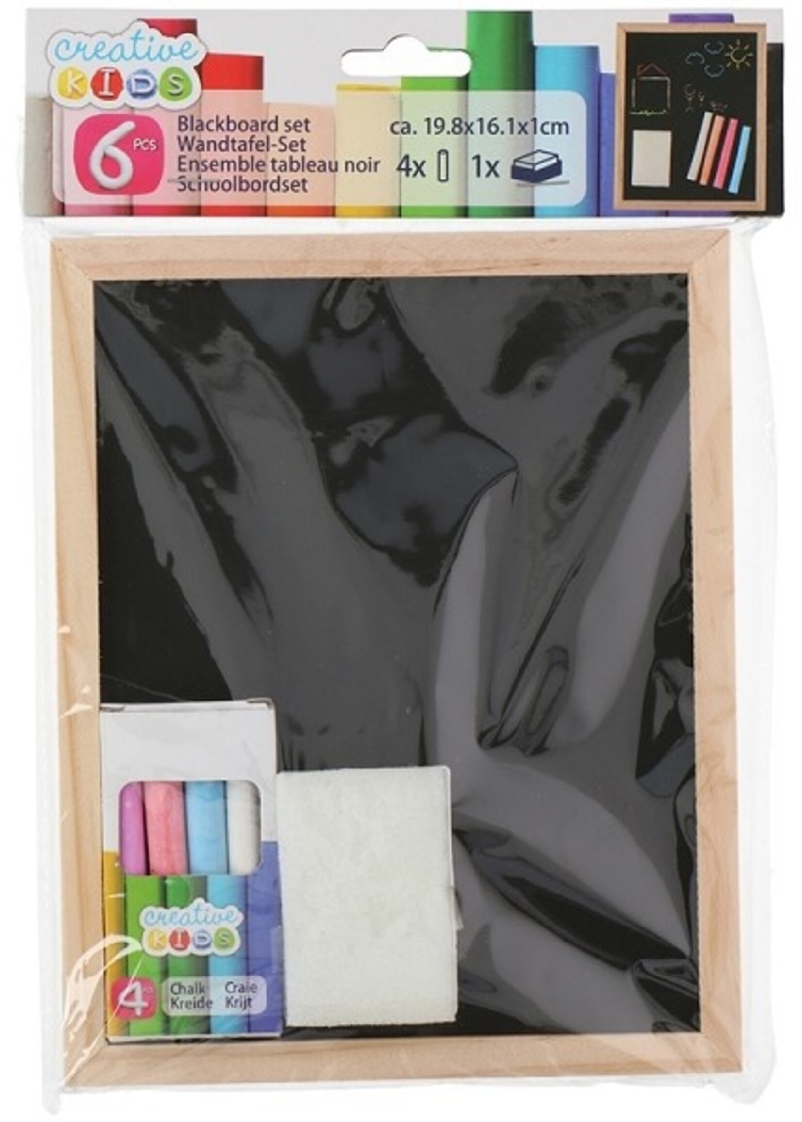 Schoolbordset met krijtjes en wisser 20x16cm