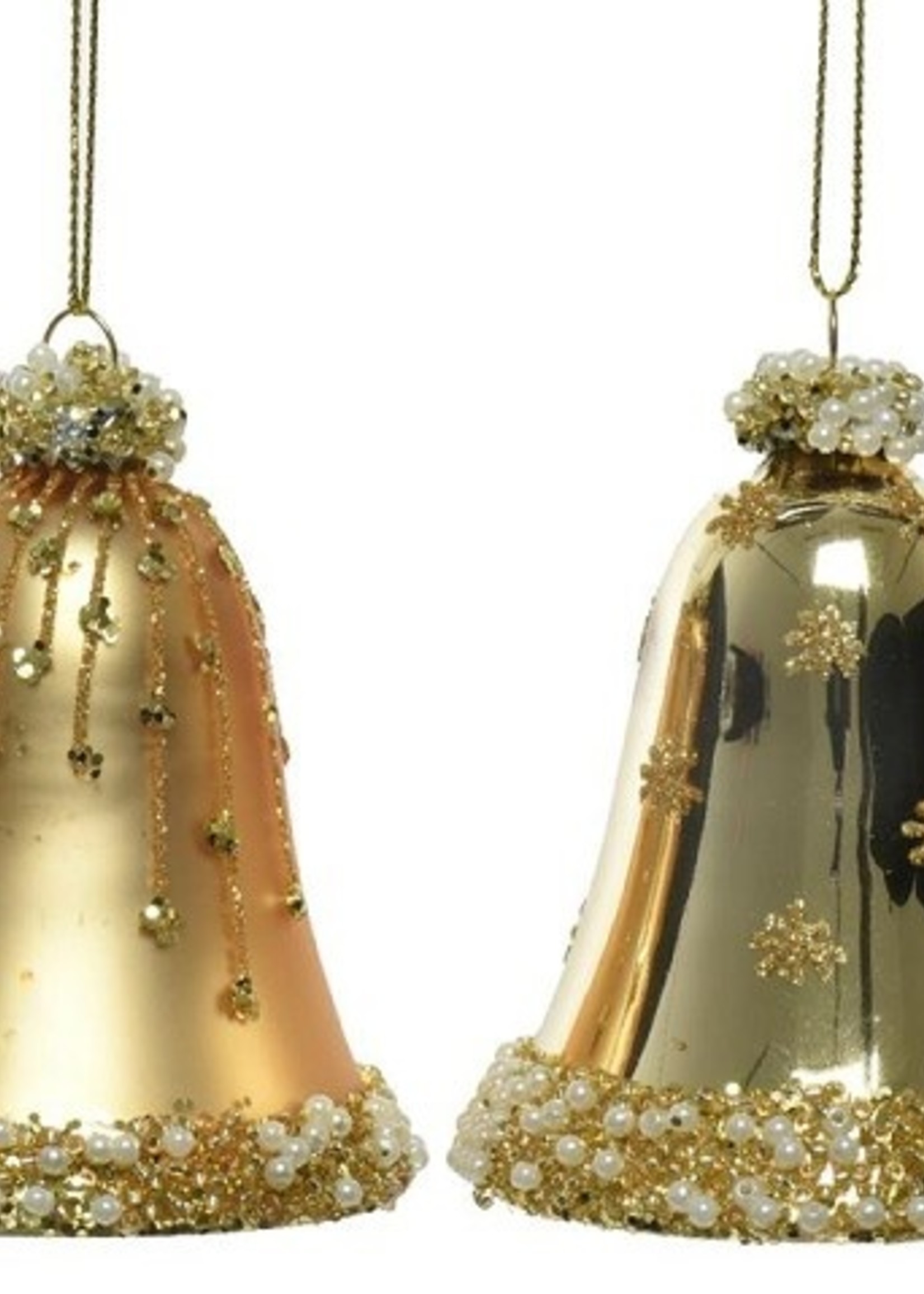 Decoris Glazen kerstornamenten in vorm van gedecoreerde klokjes dia 6.5cm x 8 cm licht goud