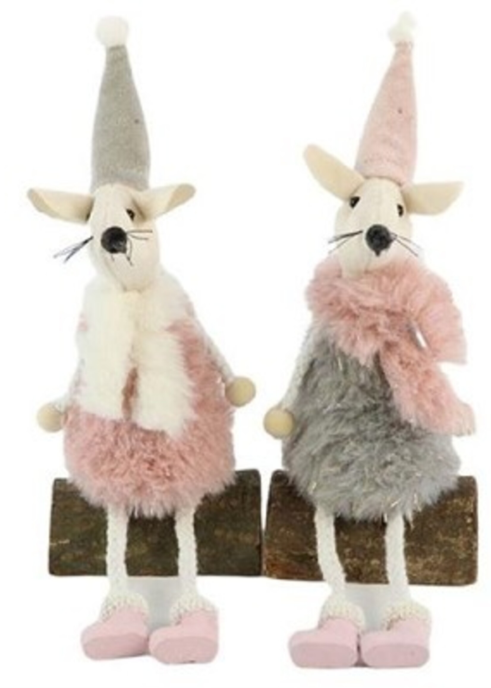 Muis met bungelbenen 7x5x17,5cm 2 assorti kleuren roze of grijs