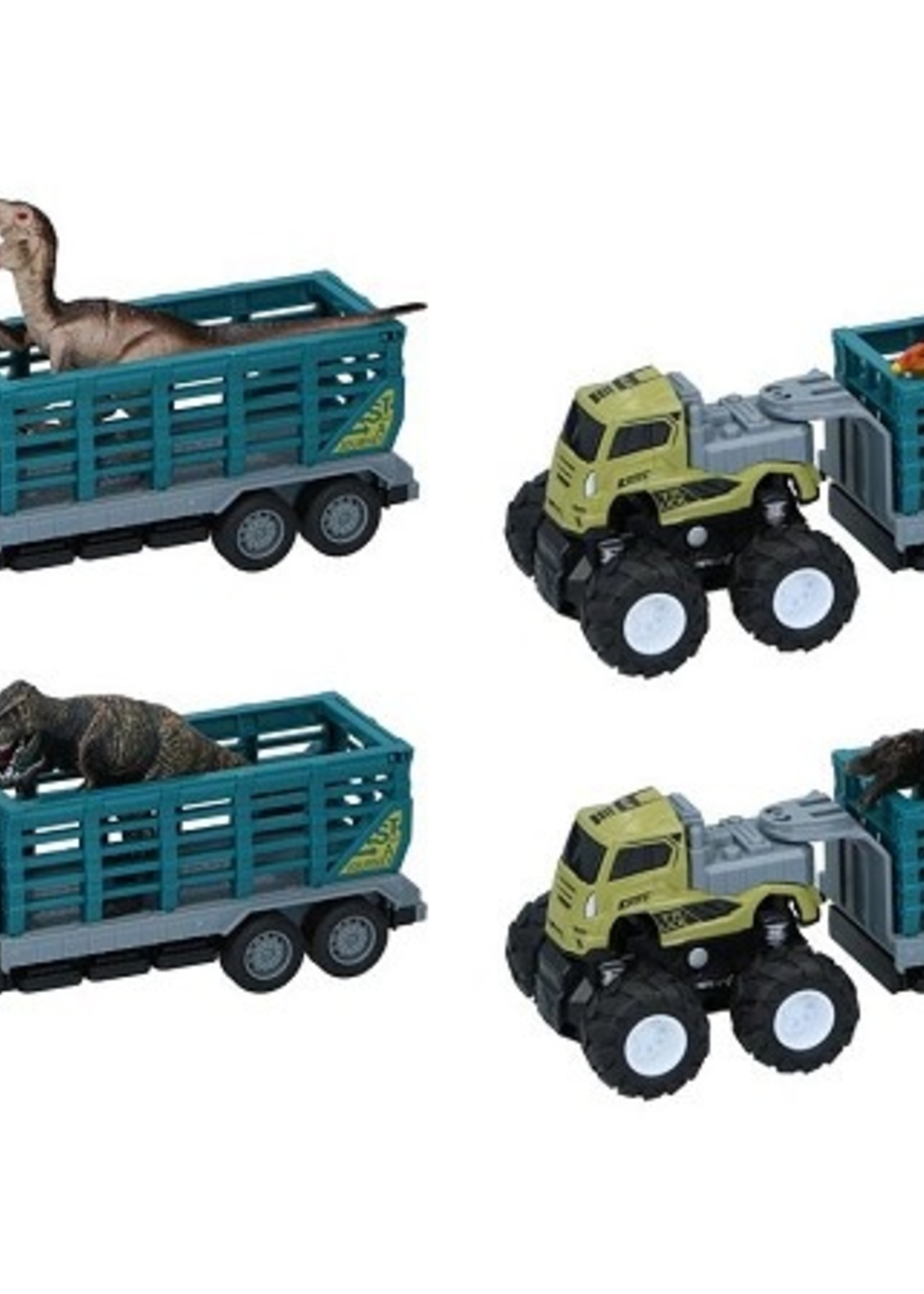 Truck met aanhanger en dino 26x9x9cm per stuk