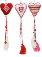 Decoris decohanger Hart textiel 9x1,5x55cm rood-wit met kwastjes en kralen