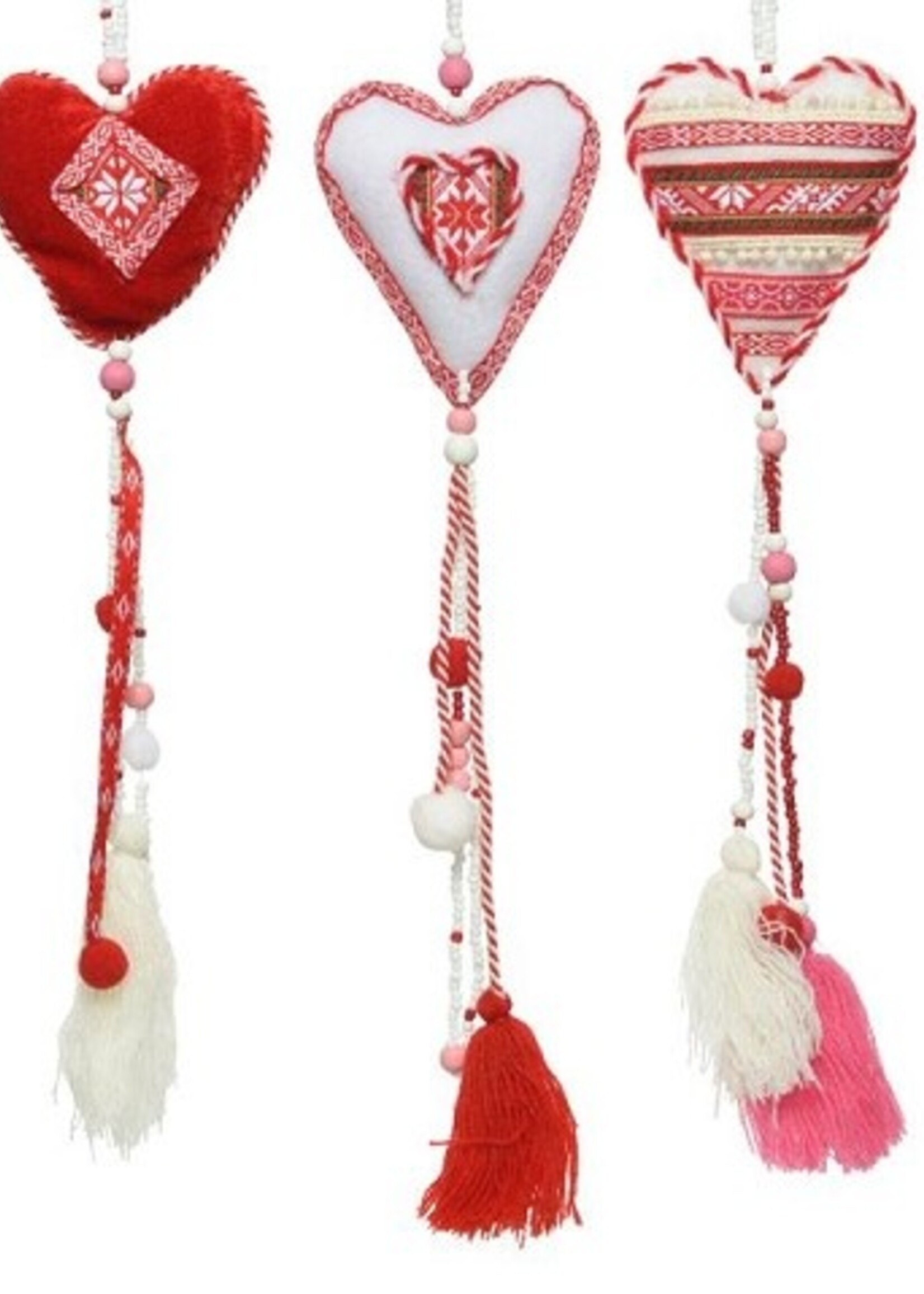Decoris decohanger Hart textiel 9x1,5x55cm rood-wit met kwastjes en kralen
