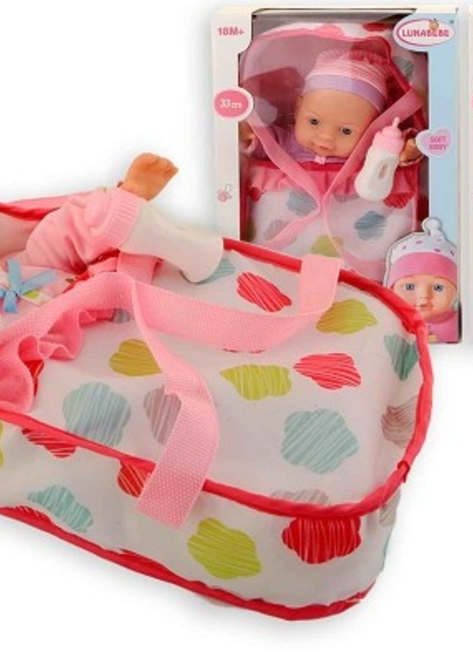 Pop met zacht lijf 33cm met reiswieg 32 X 22 X 10 cm