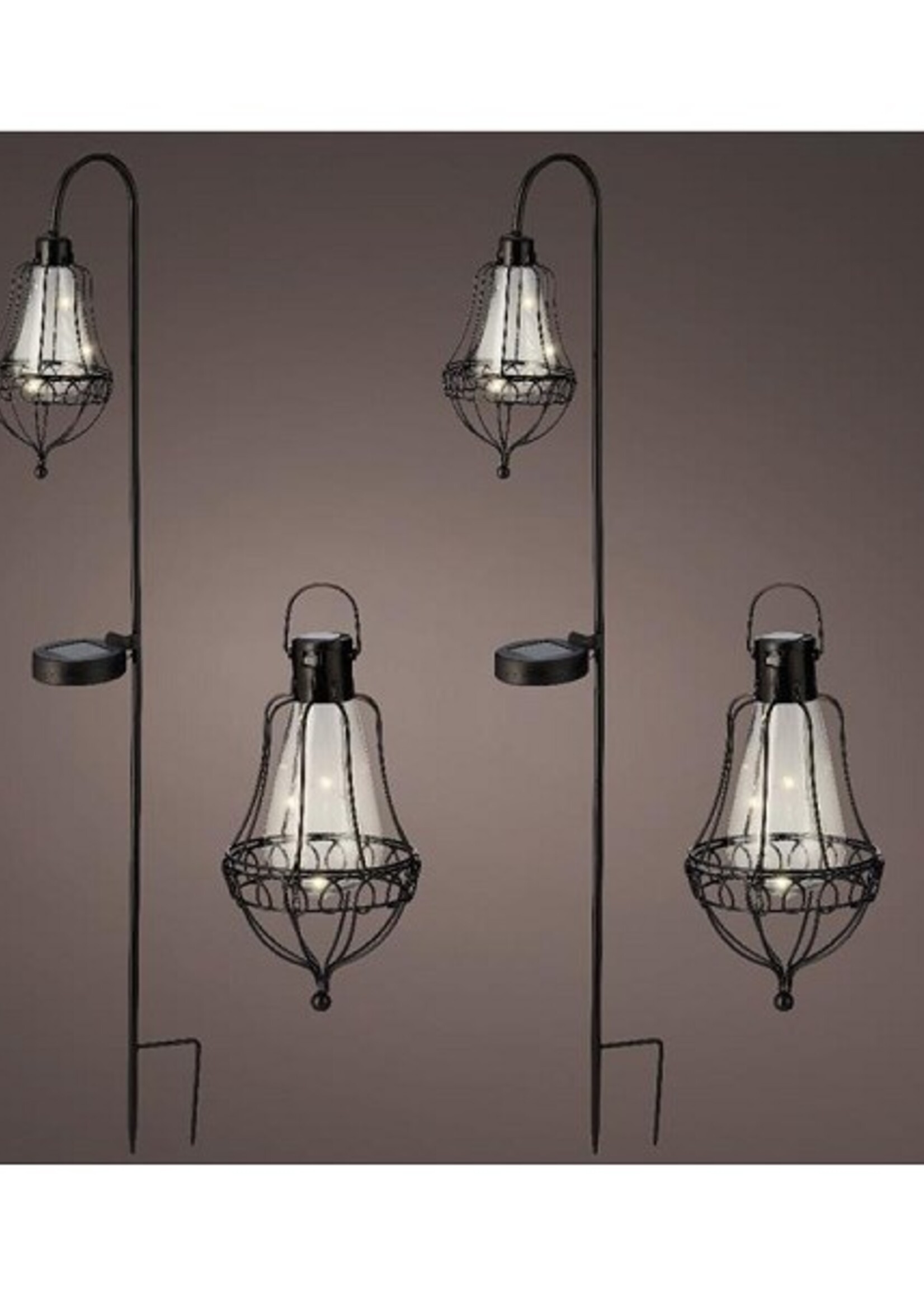 LED Solarlantaarn set L11.5-W14.5-H84cm 2 steek lantaarns en 2 hang lantaarns metaal zwart