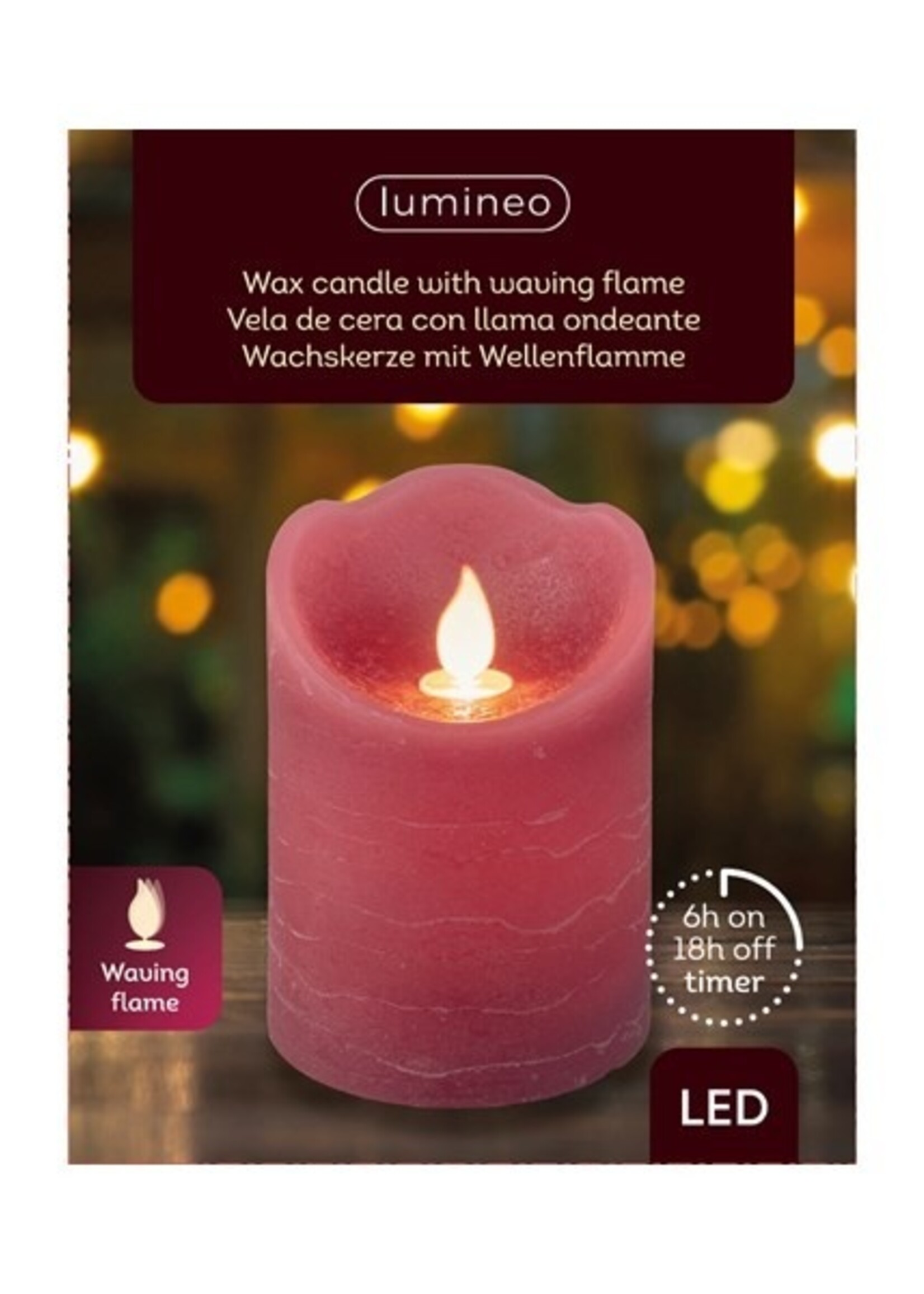 LED waving kaars binnen Ø7.5-H12.5cmvan was met vlam effect rood met 6 uurs timer ( excl 2x AA )