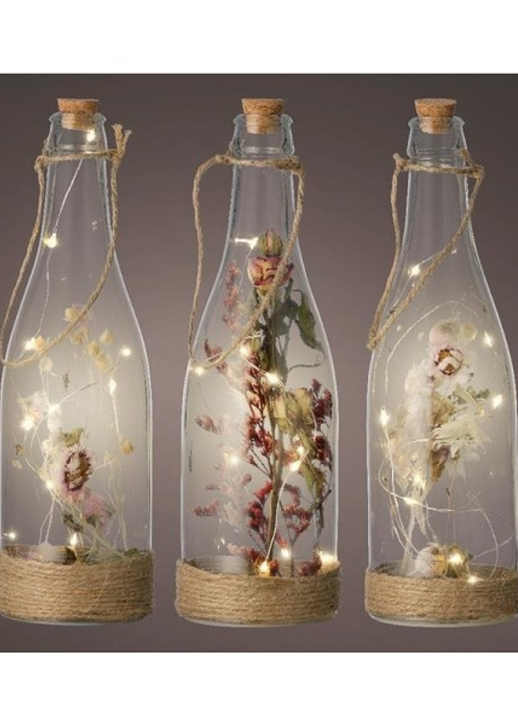 Lumineo Micro LED fles met droogbloemen Ø7-H23cm op batterij met 6 uur timer voor binnen gebruik per stuk