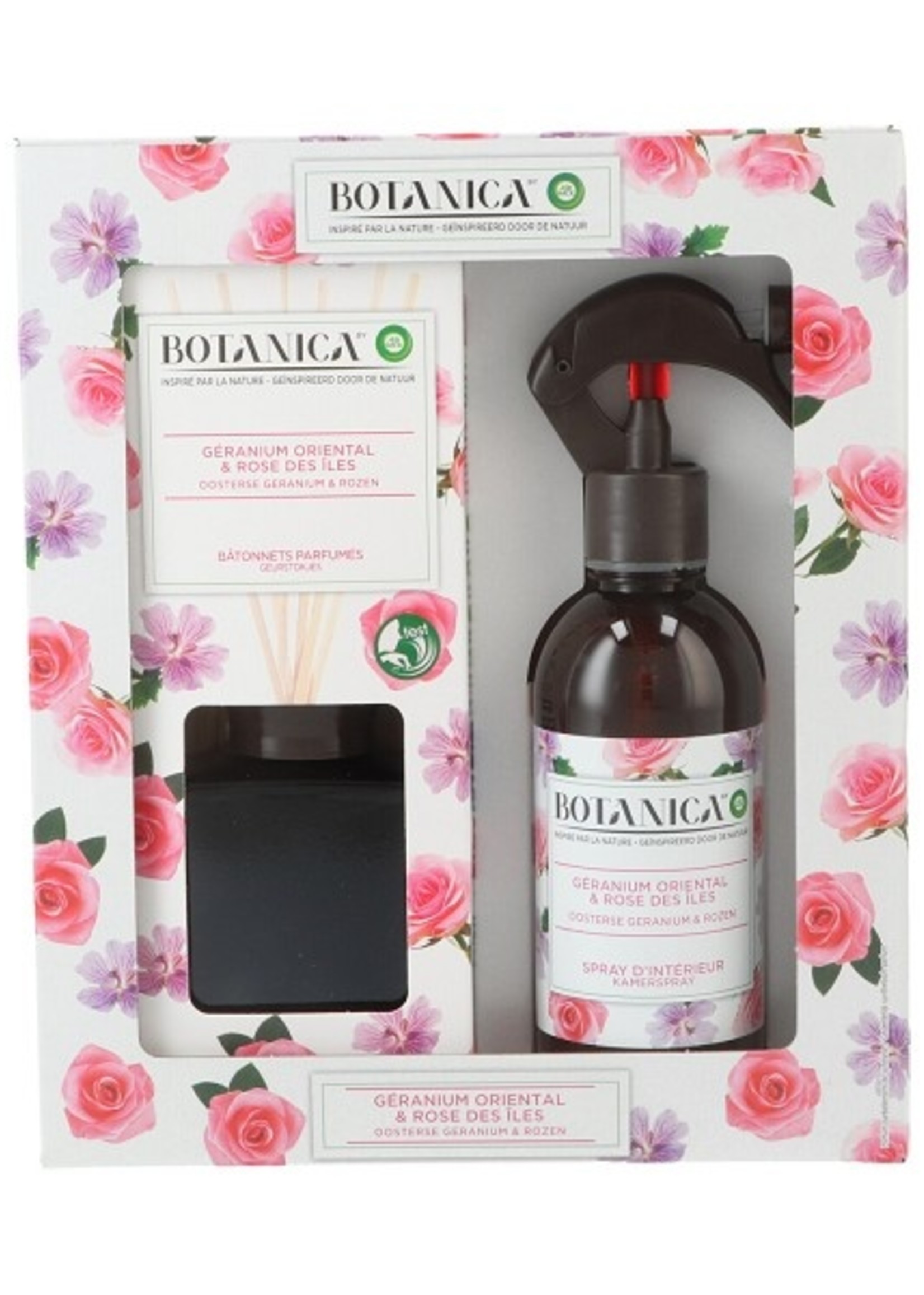 Air Wick Giftset Botanica verstuiver voor binnenshuis 236ml + geurstokjes 80ml Island Rose&Oriental Geranium