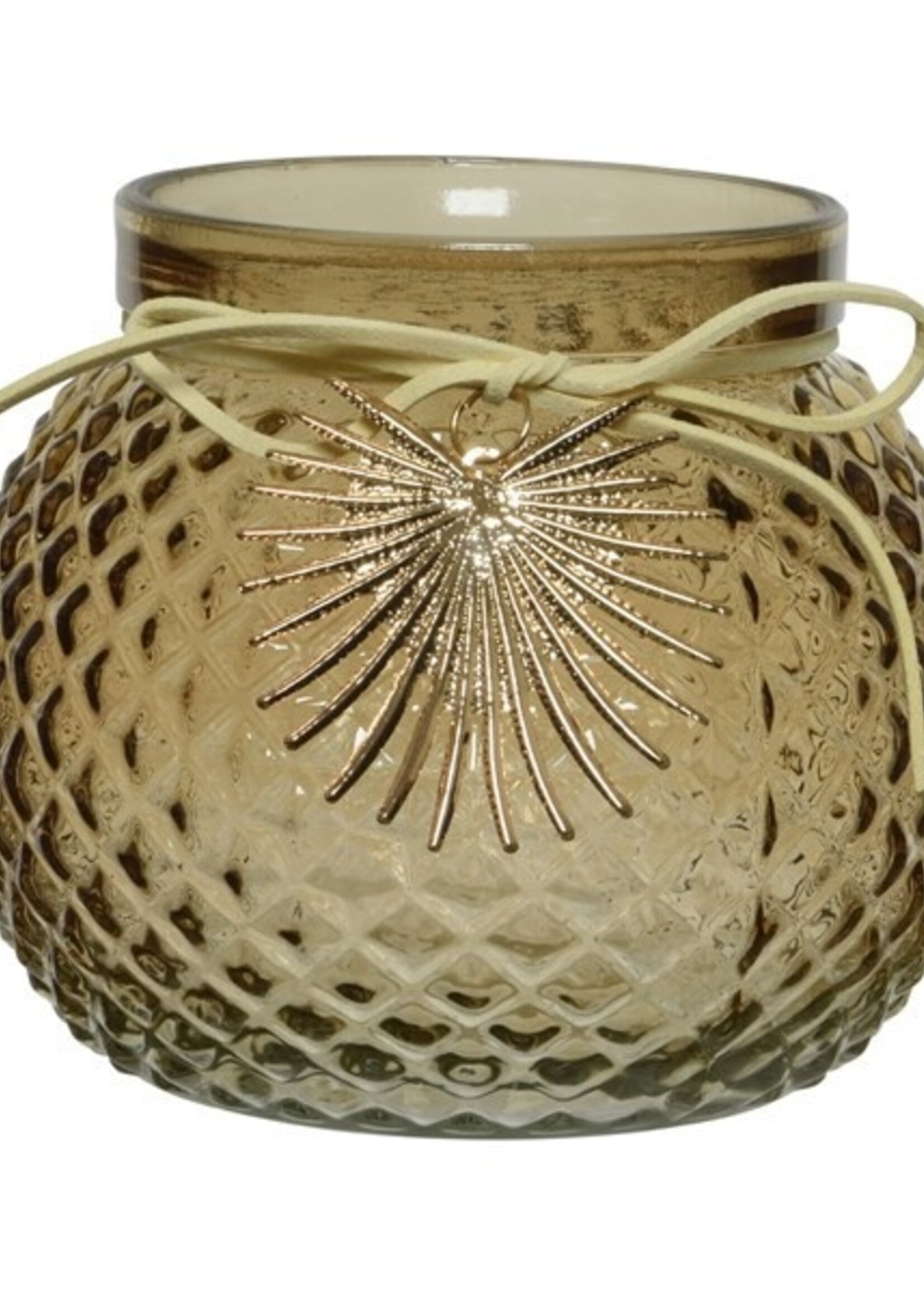 Decoris Theelichthouder glas met metalen blad decoratie Ø12-H10cm in verschillende bruin tinten per stuk