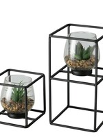 Boltze Home kunstplant in glazen pot en zwarte metalen standaard Sabia 2-delige set 11x11/13x24cm