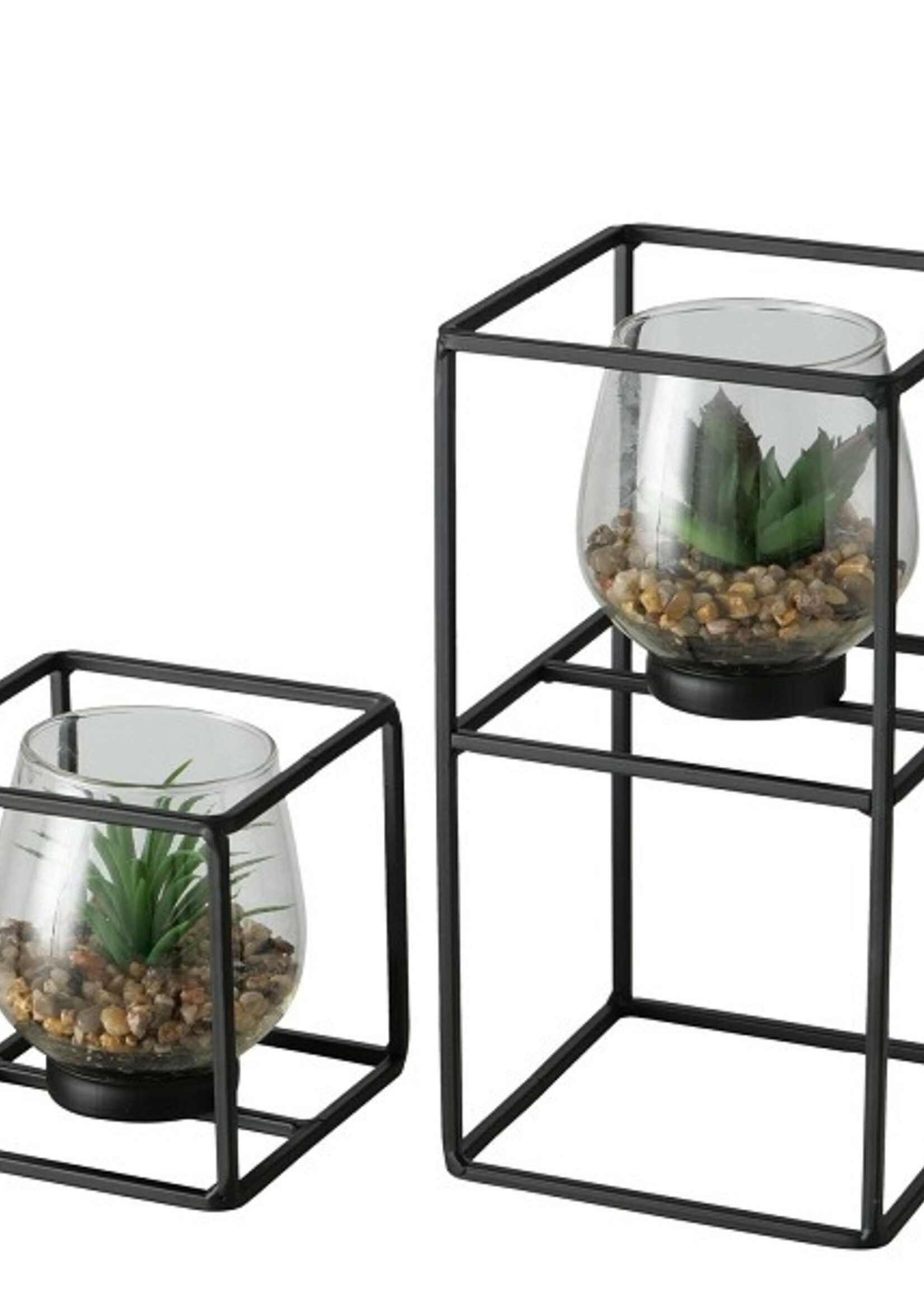 Boltze Home kunstplant in glazen pot en zwarte metalen standaard Sabia 2-delige set 11x11/13x24cm