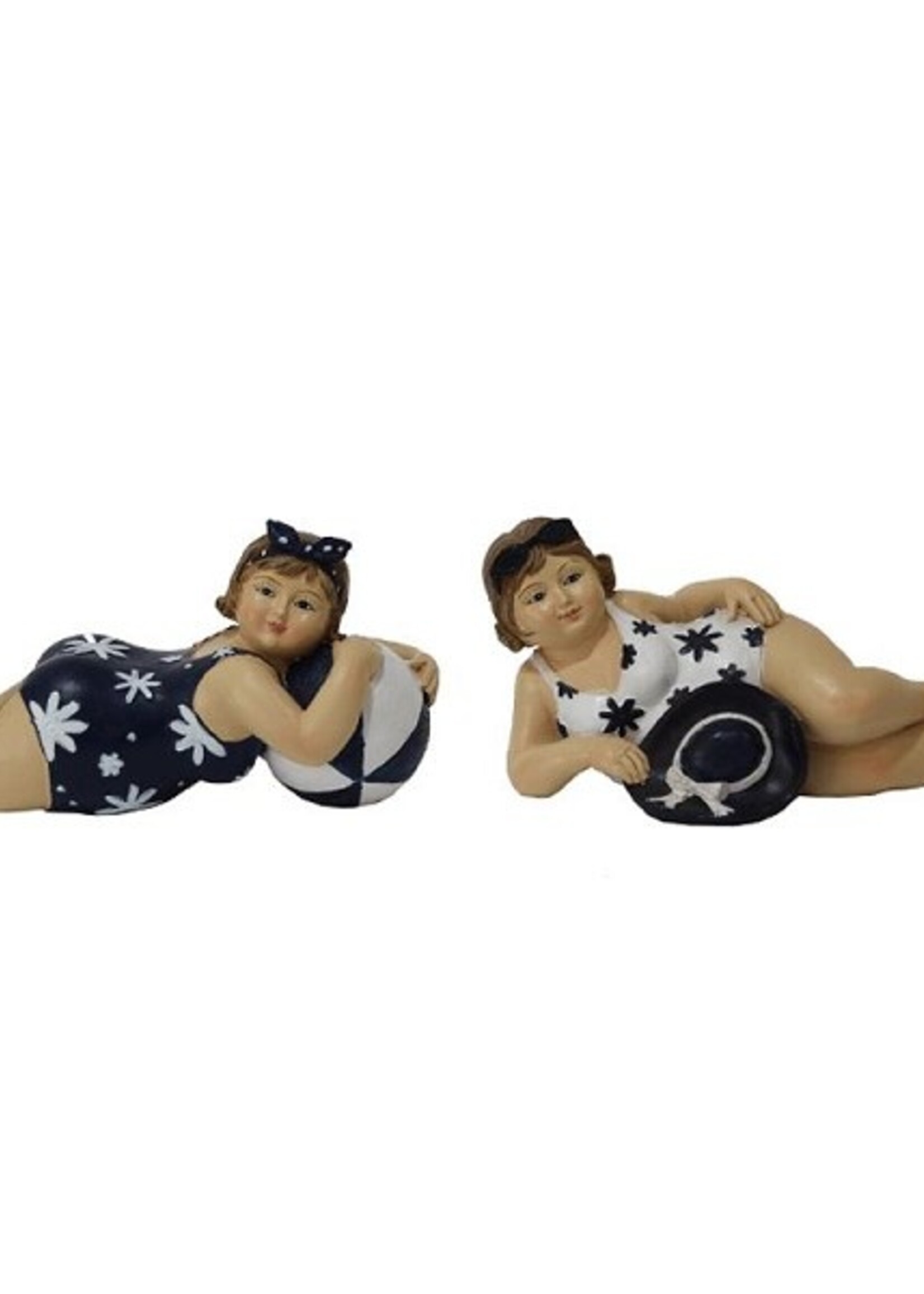 Strandlady klein liggend 11x3,5x5cm blauw/wit keramiek per stuk