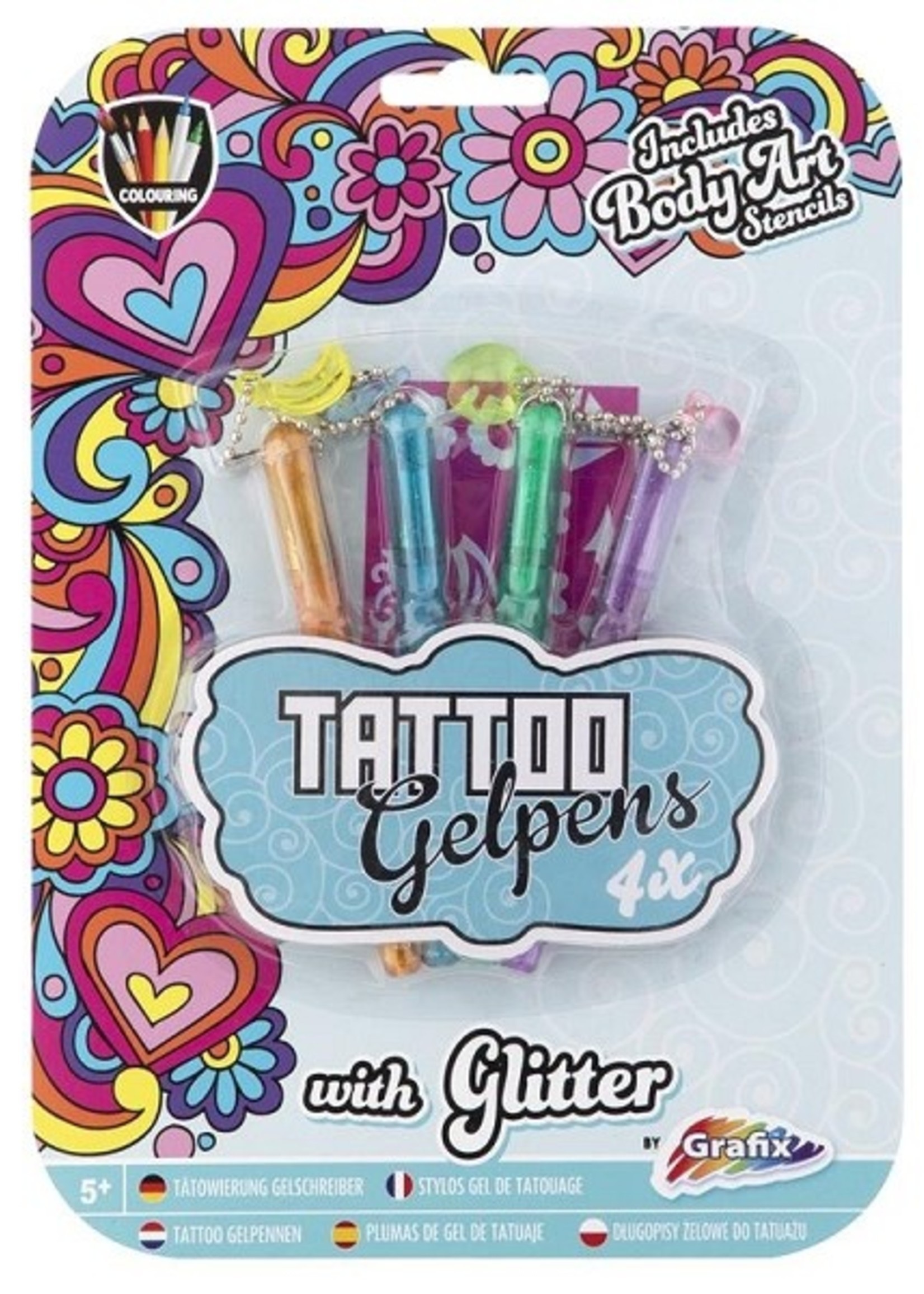 Grafix 4 Tattoo Glitter Gelpennen + stencil