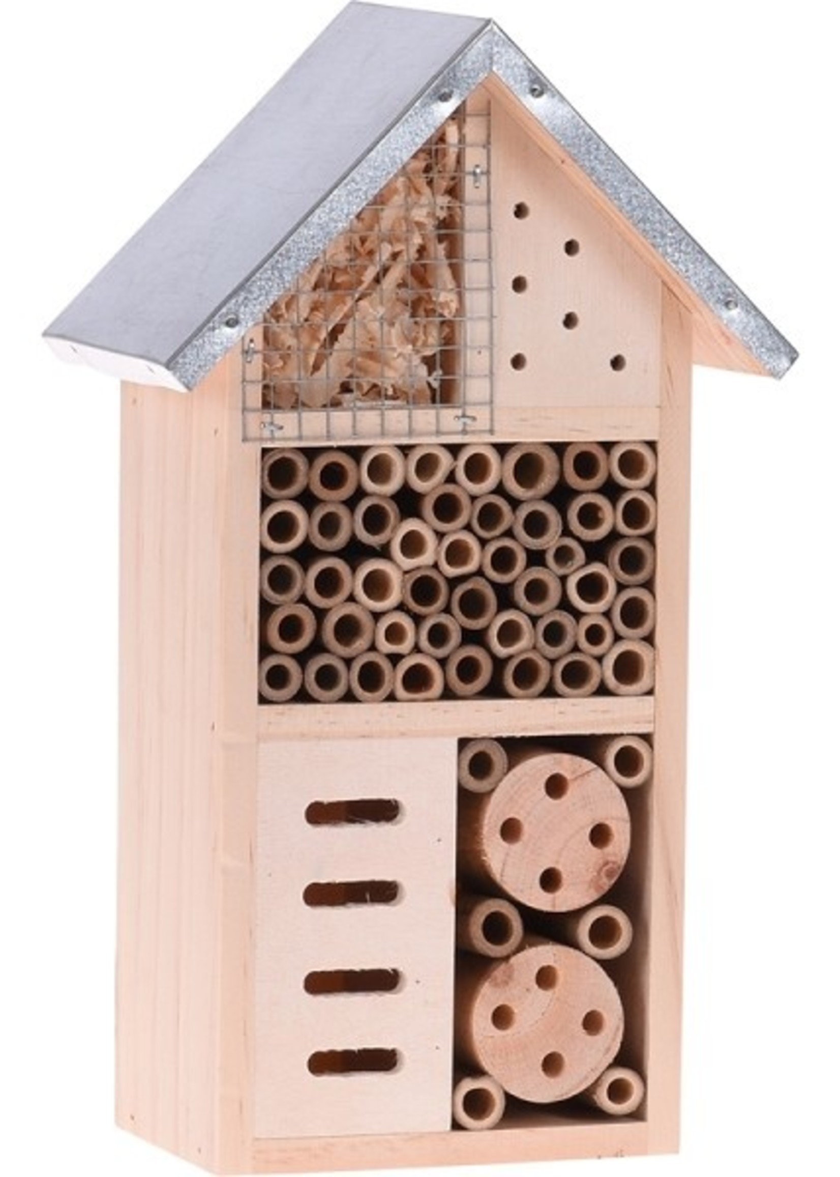 Insectenhotel hout met metalen dak 15x26x9cm