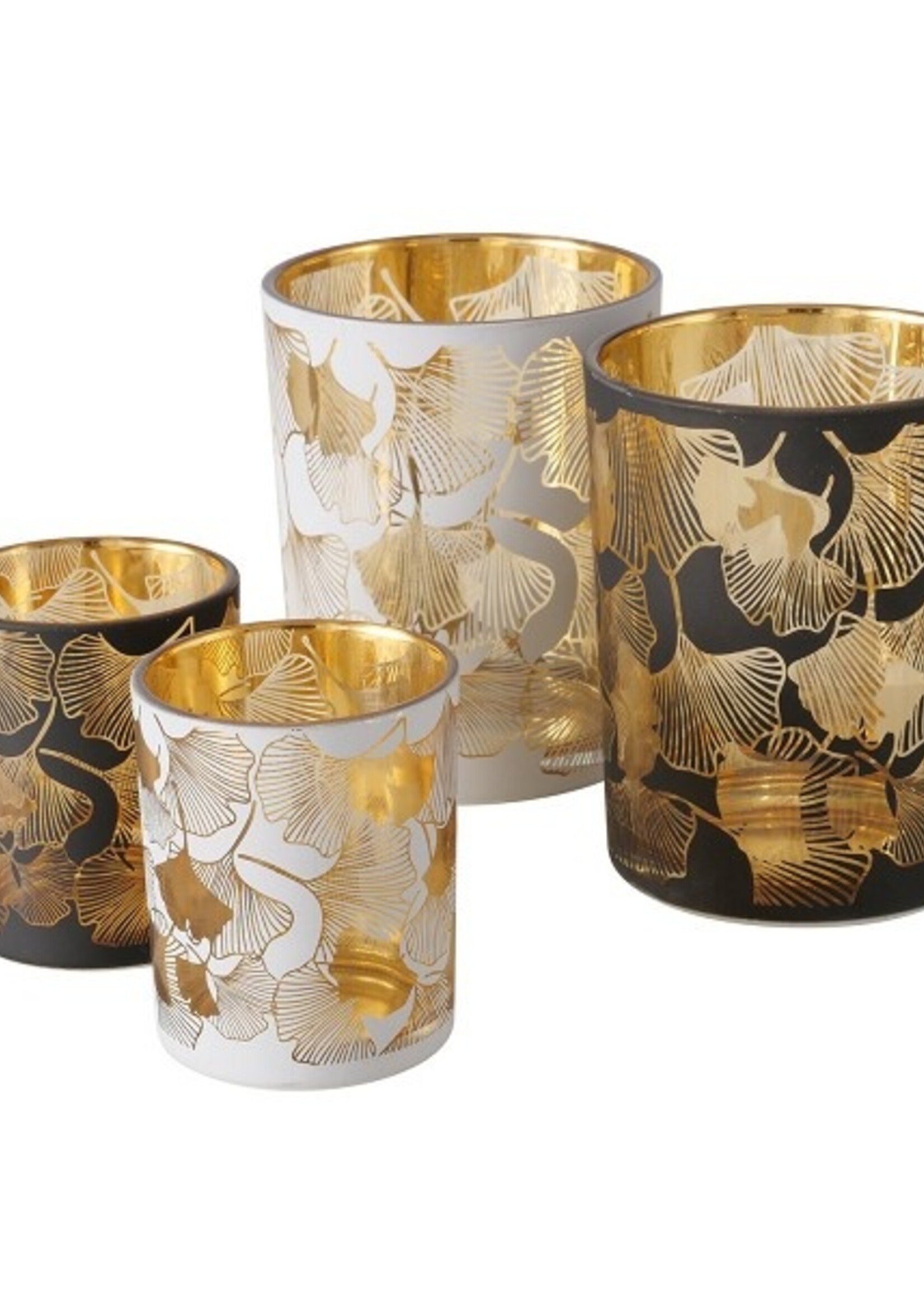 Boltze Home Windlichtset Gingko 2-delig glas dia10x12,5cm en dia7x8cm, zwart/goud of wit/goud per set