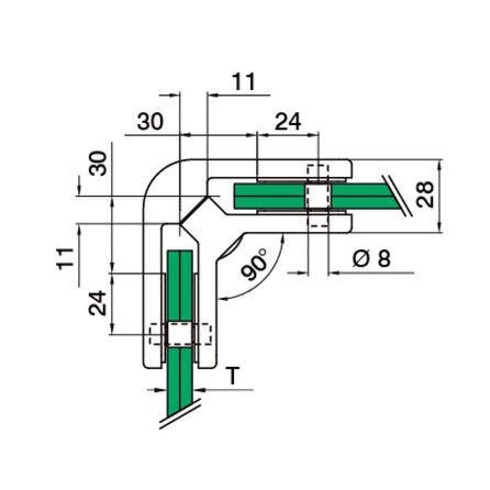 RVS glasverbinder hoek - 90 graden - Type 1