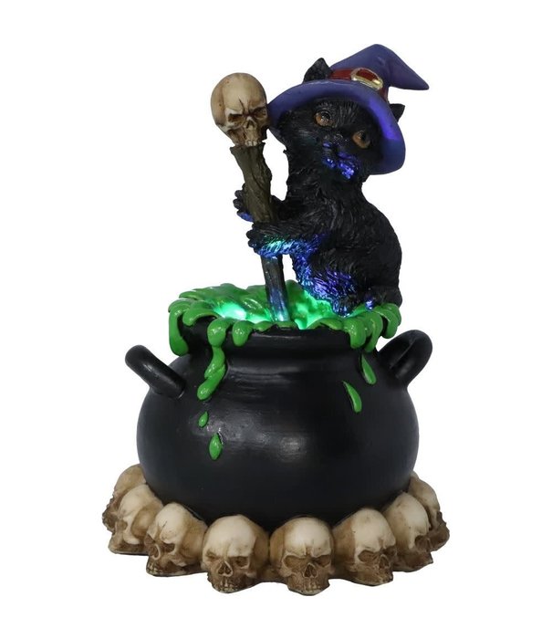 Beeldje zwarte kat "Spook" bubbelende cauldron 12cm