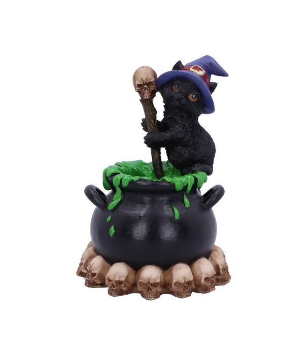 Beeldje zwarte kat "Spook" bubbelende cauldron 12cm