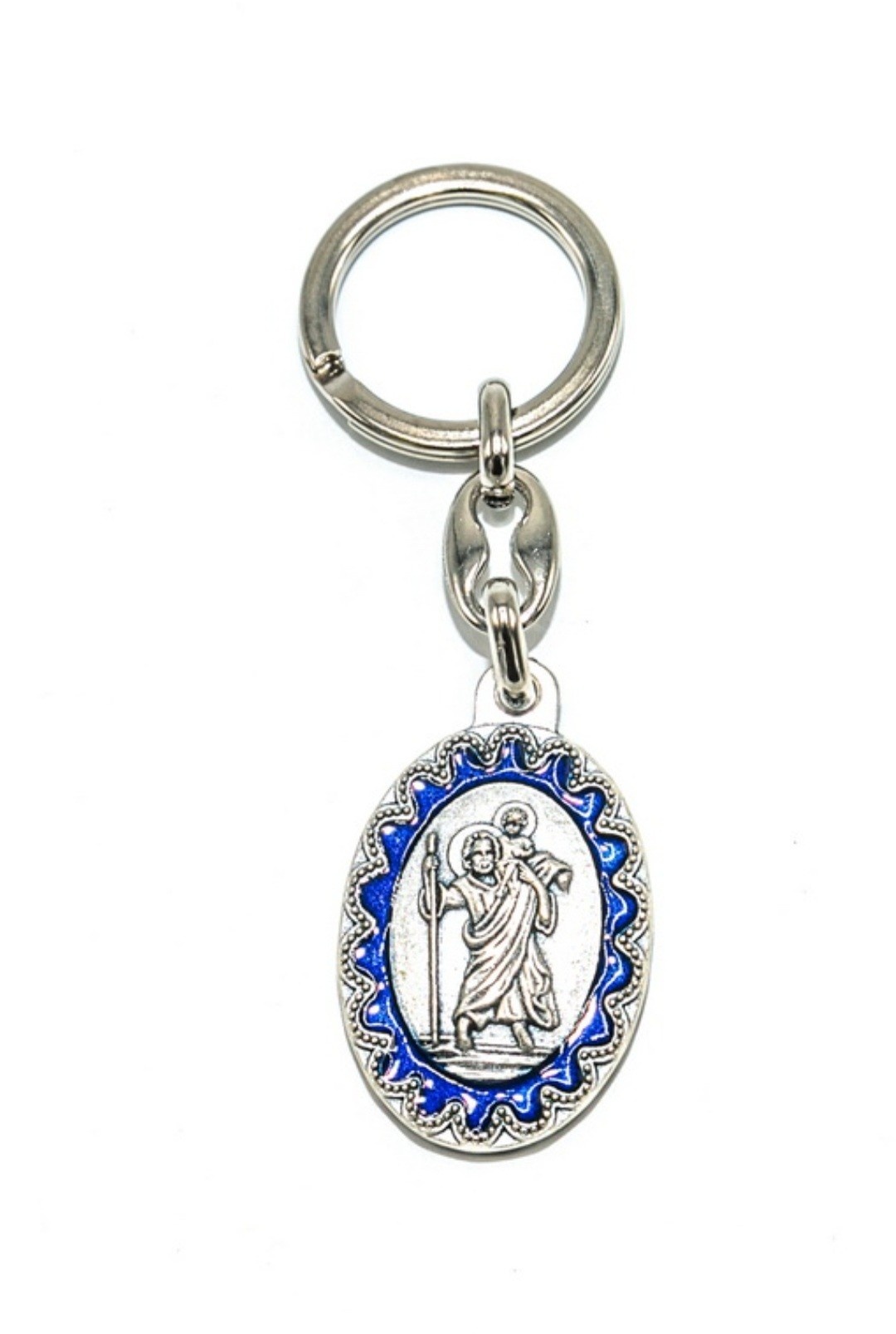 Heilige Christoffel sleutelhanger met blauwe rand Ananda Nieuwetijdswinkel