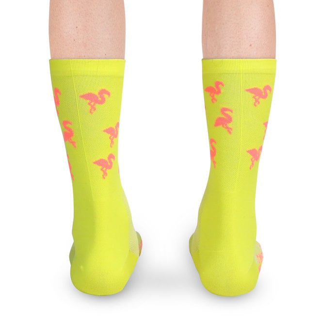 Snelle Sokken Fietssokken - Flamingo print - Neon geel