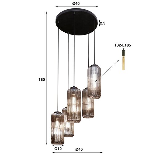 Hängelampe Beate Zylinder gestaffelt 5-flammig smokey glas