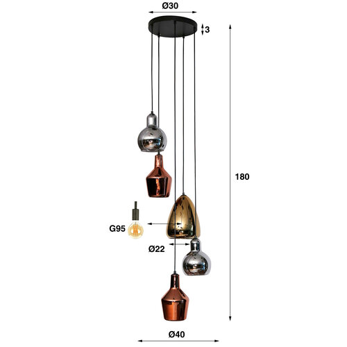 Hängelampe Lari farbiges Glas gemischt 5-flammig gestaffelt