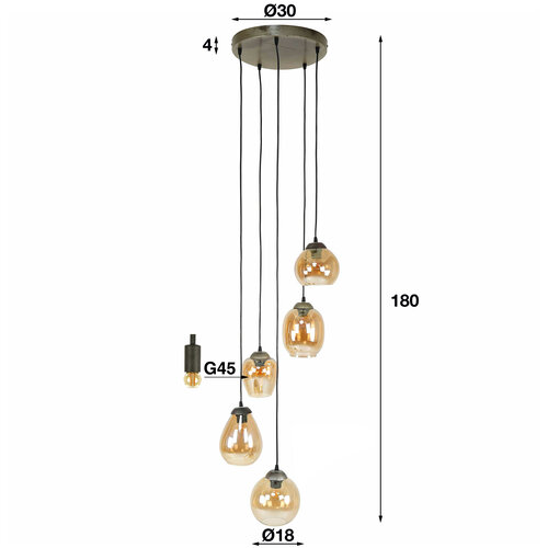 Pendellampe Felien 5-flammig gestaffelt Mix bernsteinfarbenes Glas