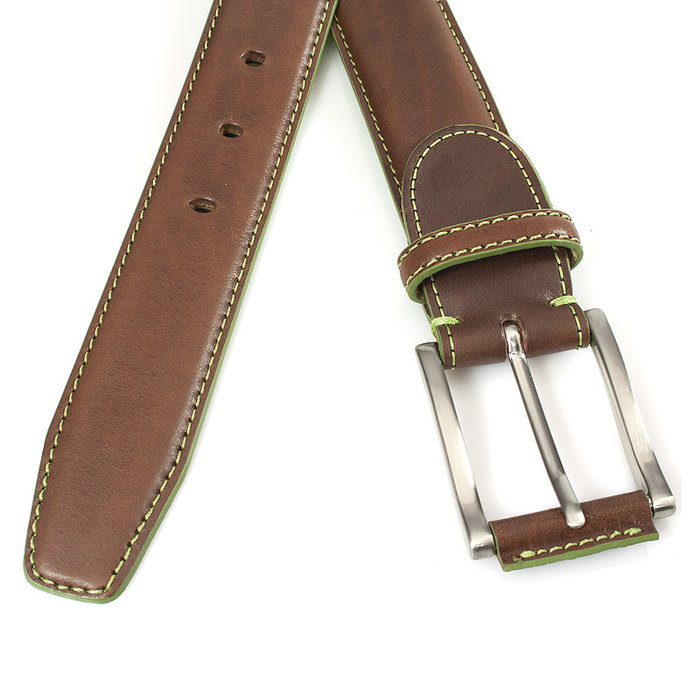 JV Belts Bruine heren riem met limegroen stiksel