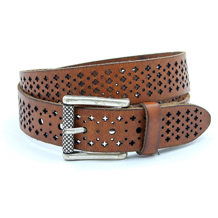 A-Zone Dames riem cognac met gelaserde kruisjes