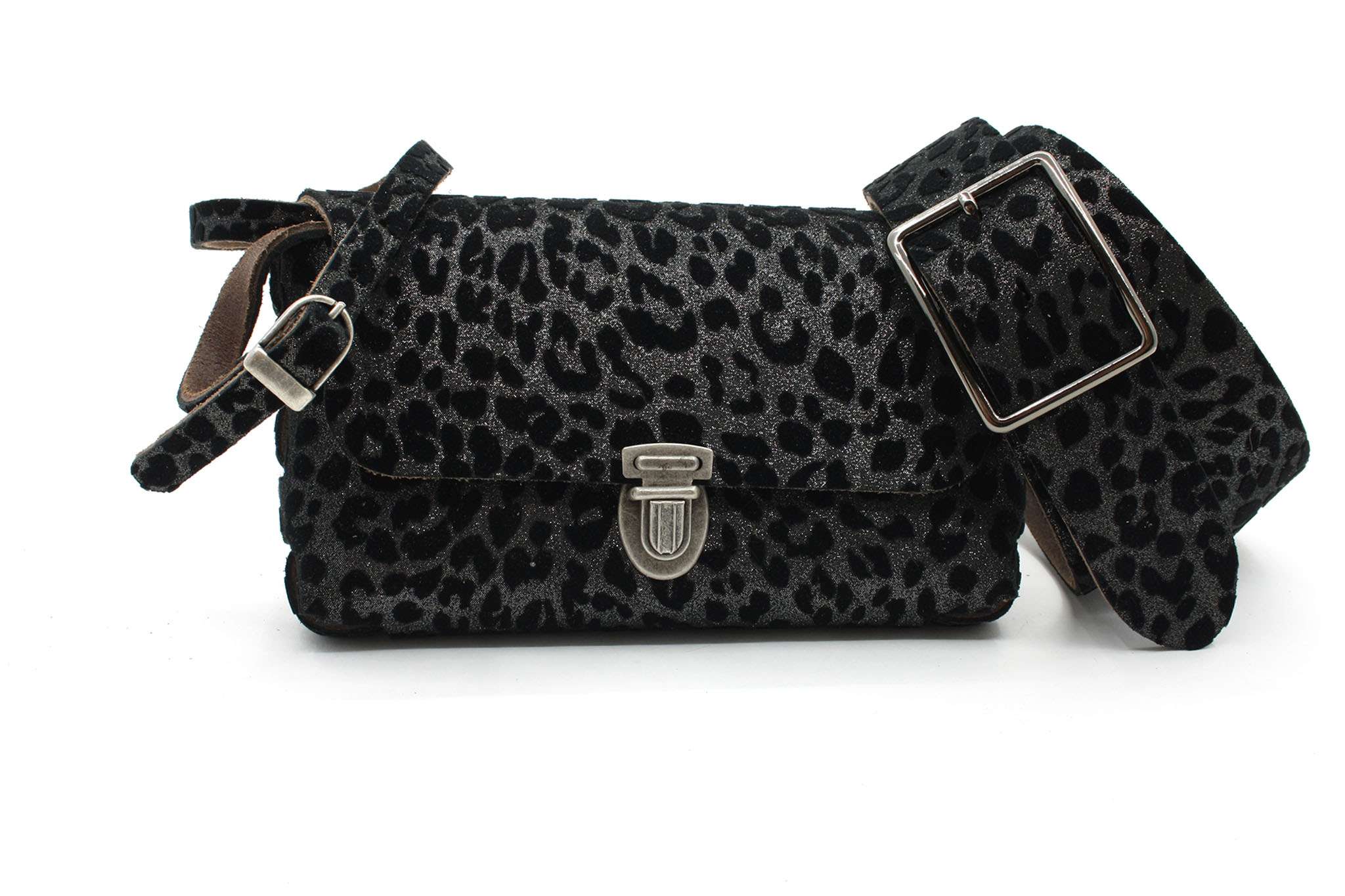 A-Zone Handgemaakt leren tasje met luipaard print fluweel