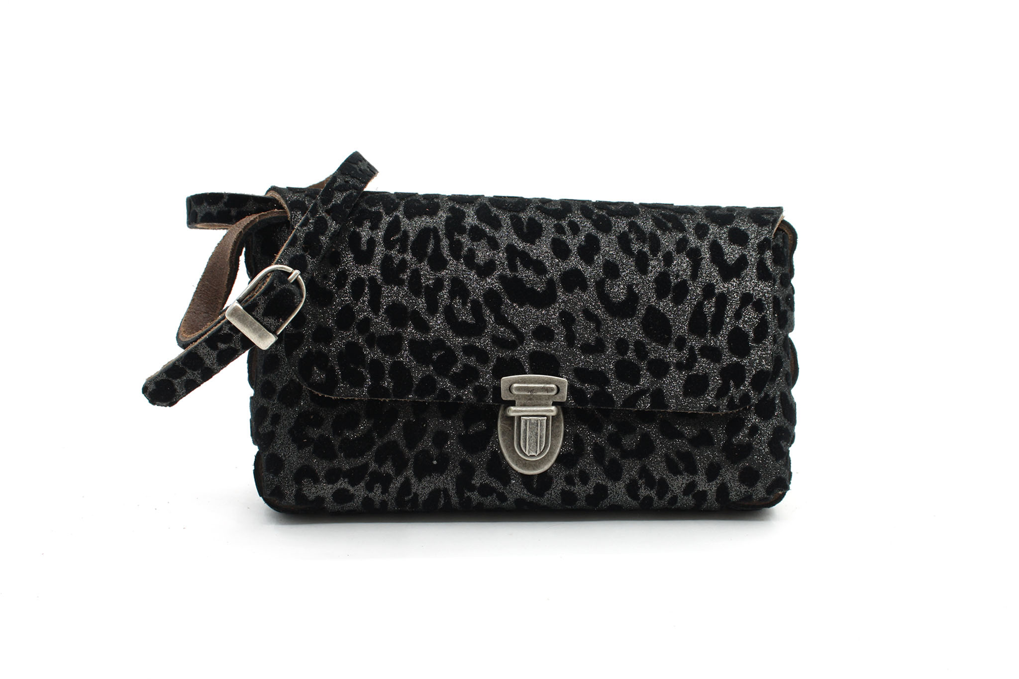 A-Zone Handgemaakt leren tasje met luipaard print fluweel