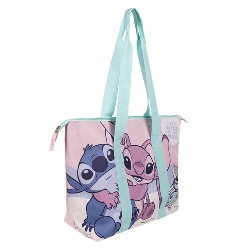 Disney Disney Stitch Strandtas – Grote Schoudertas met Angel – Lichtroze & Blauw – Ritsvak & Binnenvak